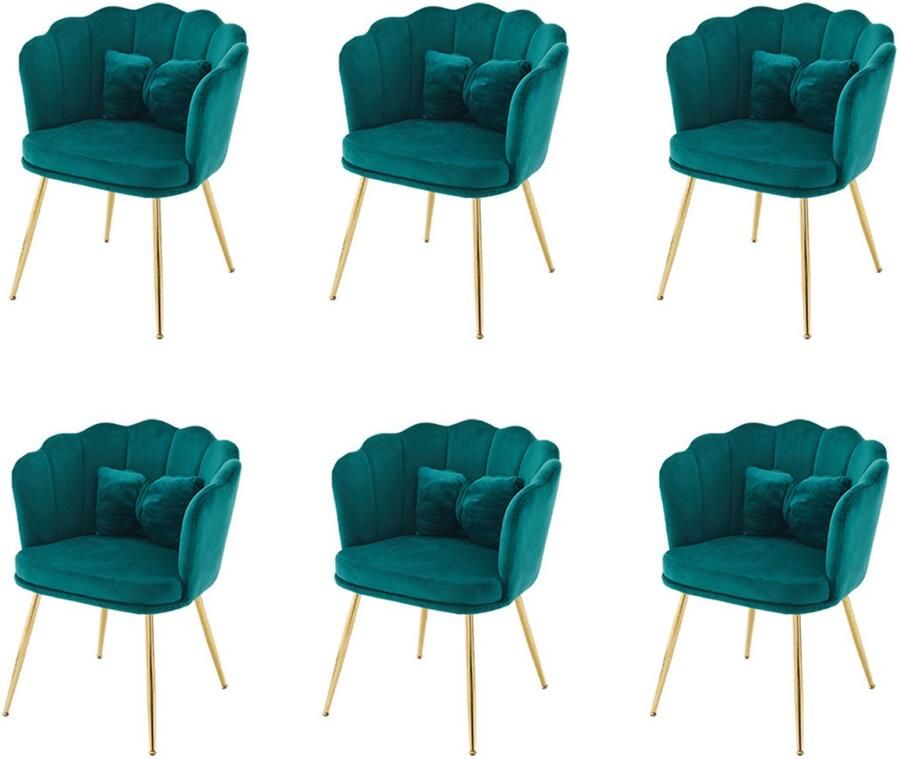 YEHTOKHOME Velvet Eetkamerstoelen set van 6 met armleuning Bureaustoel Make-upstoel Ergonomisch Fauteuil Fluwelen stoel met bloemblad-rugleuning Vergulde metalen poten Vlinderkussens Groen