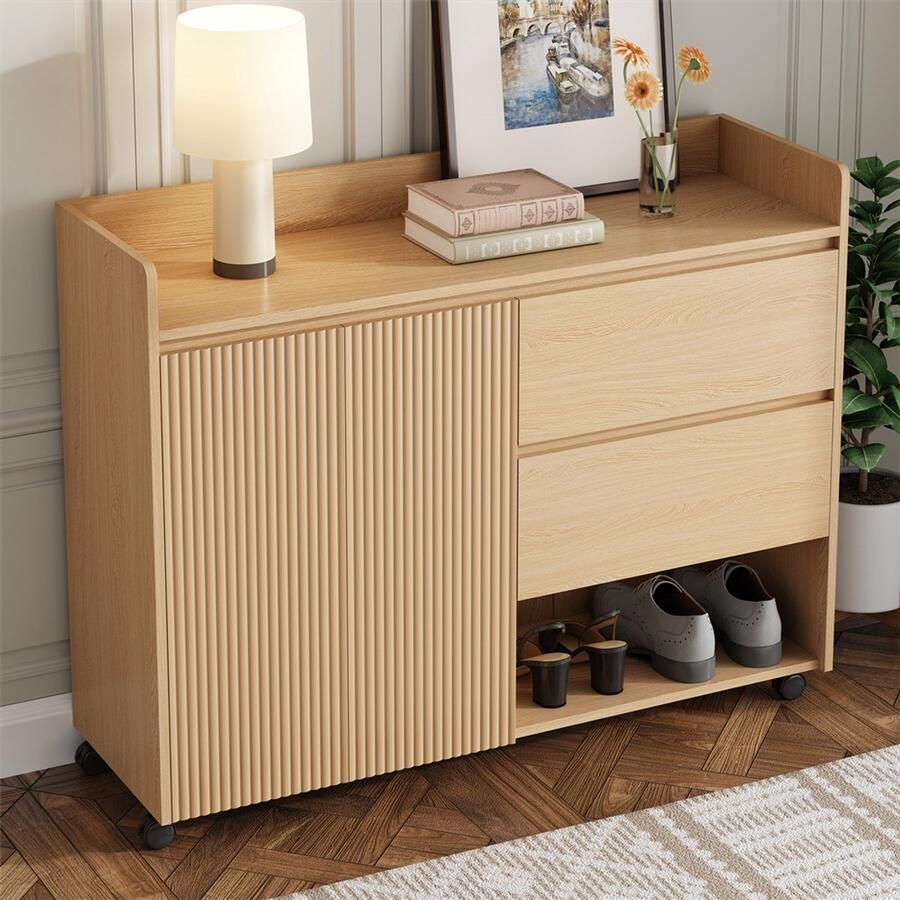 YEHTOKHOME Verplaatsbare Schoenenkast met wieltjes en rem met lade en open vakken verstelbare planken soft-close scharnieren 110x35x86 cm natuurlijk - Foto 2