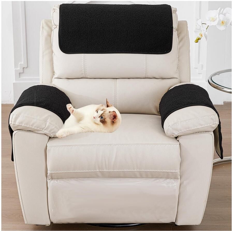 YIJOY Armleuninghoezen armleuningbeschermer Lamsfluweel Fauteuilhoes met zakken Antislip fauteuilbeschermer voor tv-stoel Afneembaar Wasbaar Zwart 1-zits (3 stuks)