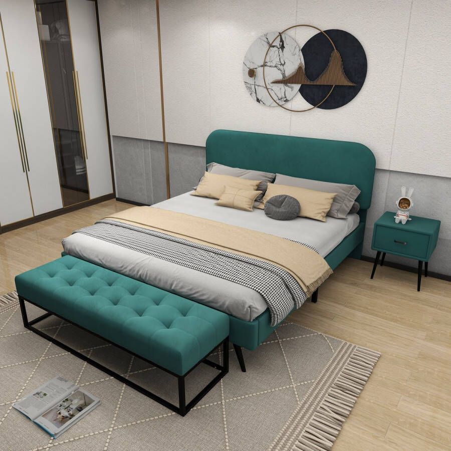 YJZQ 3PCS Slaapkamermeubelset modern design tweepersoonsbed + 1x nachtkastje + bedkruk nachtkastje met een lade slaapkamermeubels ensemble fluweel groen (140x200cm)