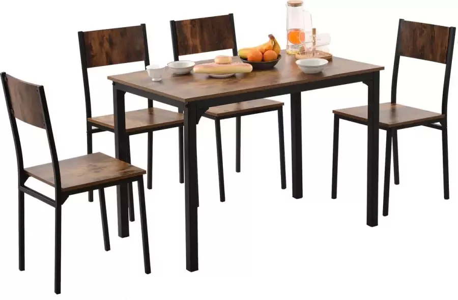 YJZQ 5-delige moderne rechthoekige eettafel set-voor thuis keuken ontbijt hoekje-metalen en houten eettafel set voor 4 personen-108 cm lengte