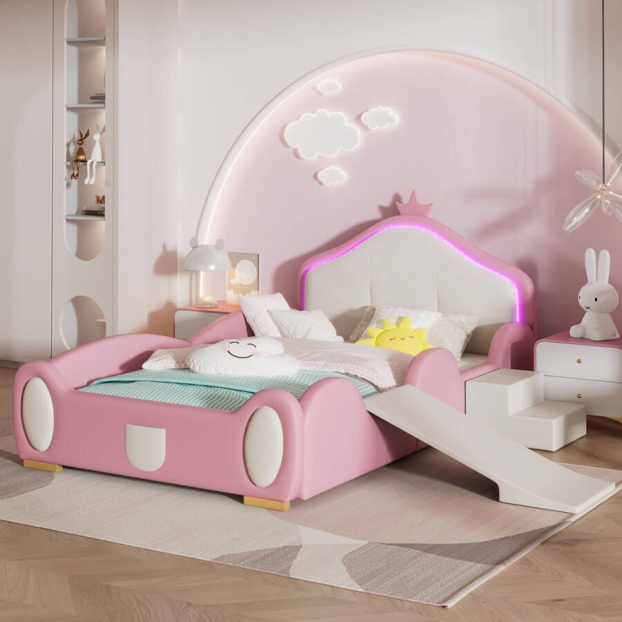 YJZQ Crown Cartoon Bed met Multi-mode LED-strip Gestoffeerd bed Kinderbed met kleine glijbaan en trap Met beschermende zachte randen Met houten latten PU Roze + Beige 90x200cm