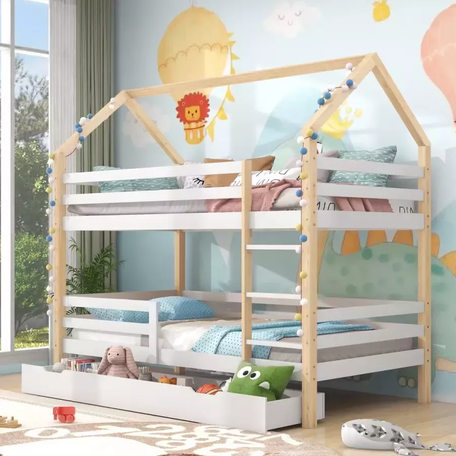 YJZQ Dennenhouten huisbed voor kinderen-dubbel bed in huisvorm met grote laden- 90 x 200 cm(zonder matras)-Natuurlijk wit