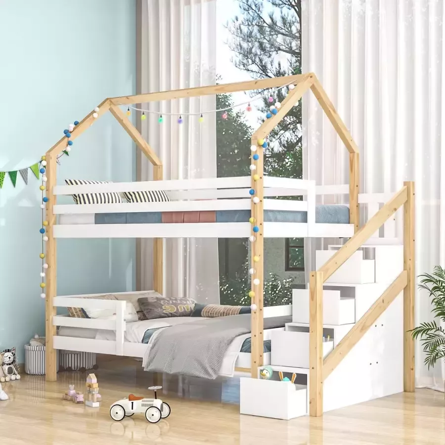 YJZQ Dubbel kinderbed-stapelbed-bed in huisvorm met ladder-kast-pinehouten huisbed voor kinderen 90 x 200 cm-Natuurlijke houtkleur voor 2 kinderen(zonder matras)