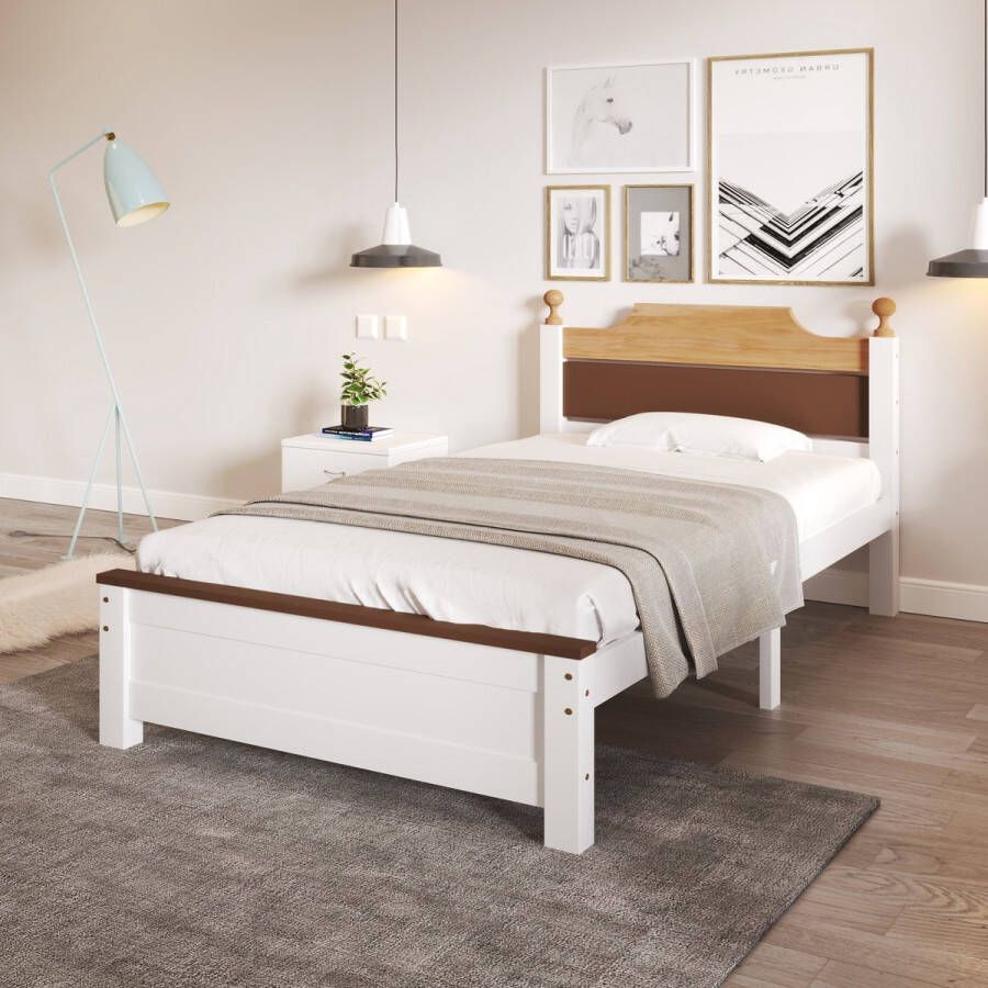 YJZQ Eenpersoonsbed houten bed grenenhouten frame met middenvoet jeugdbed volwassen bed met hoofd- en voeteinde gemaakt van MDF color blocking wit 90x200 cm
