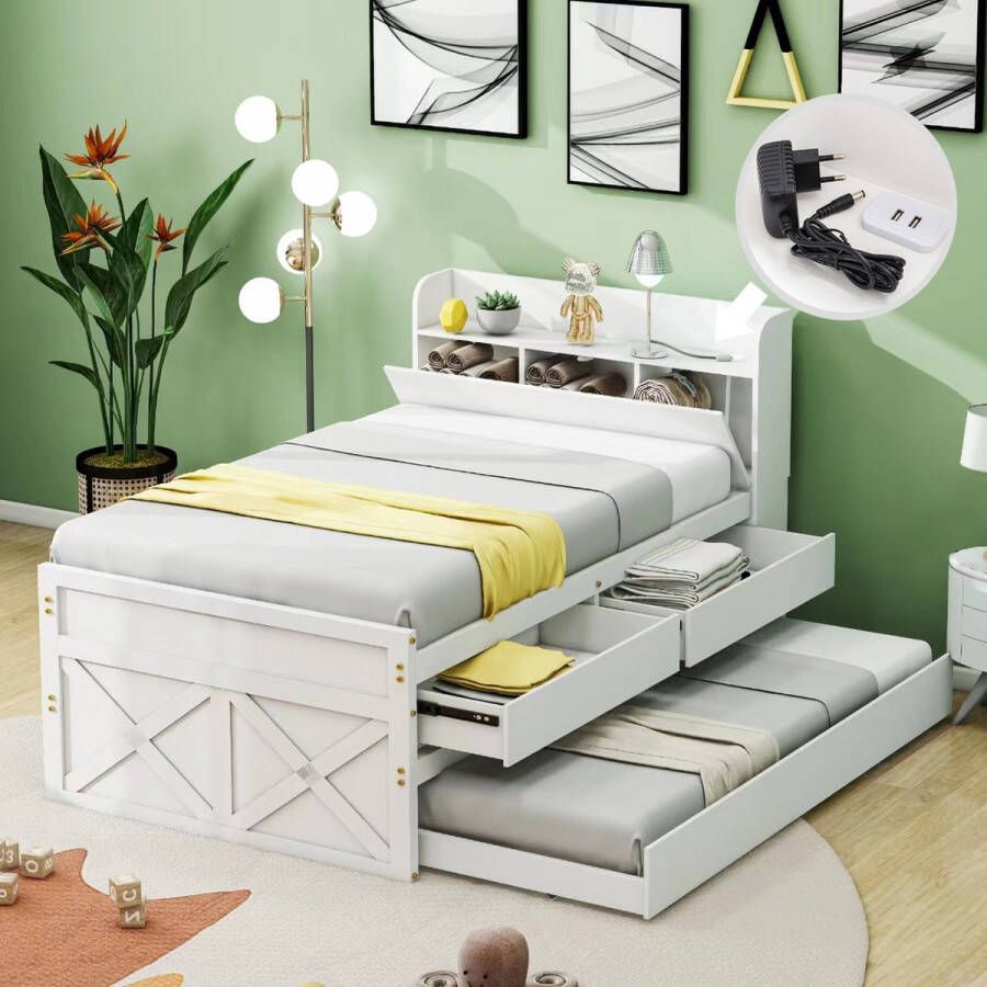 YJZQ Eenpersoonsbed massief houten bed 90x190 multifunctioneel grenen bed met uittrekbare lade lattenbodem-nachtkastje met planken met USB-aansluiting wit