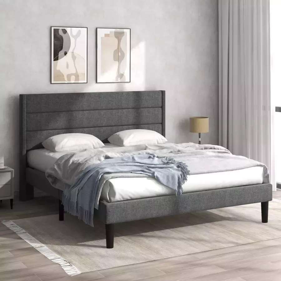 YJZQ Gestoffeerd bed 140 x 200 cm-bedframe met lattenbodem & hoofdeinde-gestoffeerd tweepersoonsbed-textielhoeslinnen in donkergrijs jeugdbed