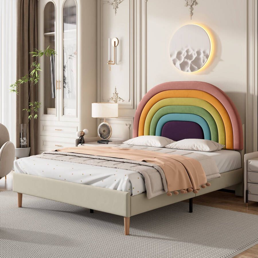 YJZQ Gestoffeerd bed 140x200cm jeugdbed Rainbow hoofdbord houten lattenbodem eenvoudige montage in hoogte verstelbaar hoofdbord fluweel beige