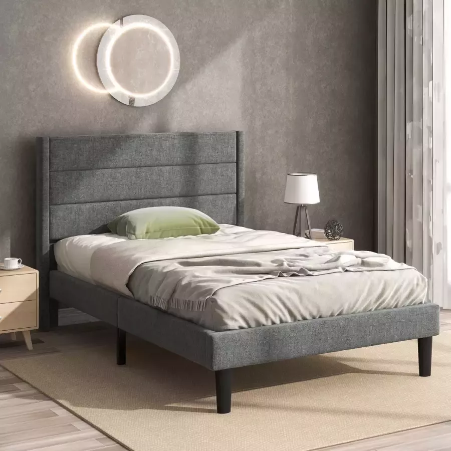 YJZQ Gestoffeerd bed 90 x 200 cm-bedframe met lattenbodem & hoofdeinde-gestoffeerd tweepersoonsbed-textiel overtreklinnen in grijs-tijdloos modern design