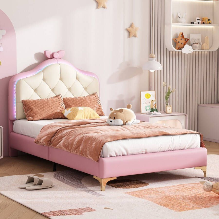 YJZQ Gestoffeerd bed eenpersoonsbed Hoofdeinde met roze strik en meerkleurig veranderende LED-strips kinderbed met houten latten PU roze bedframe eenpersoonsbed 90x200cm