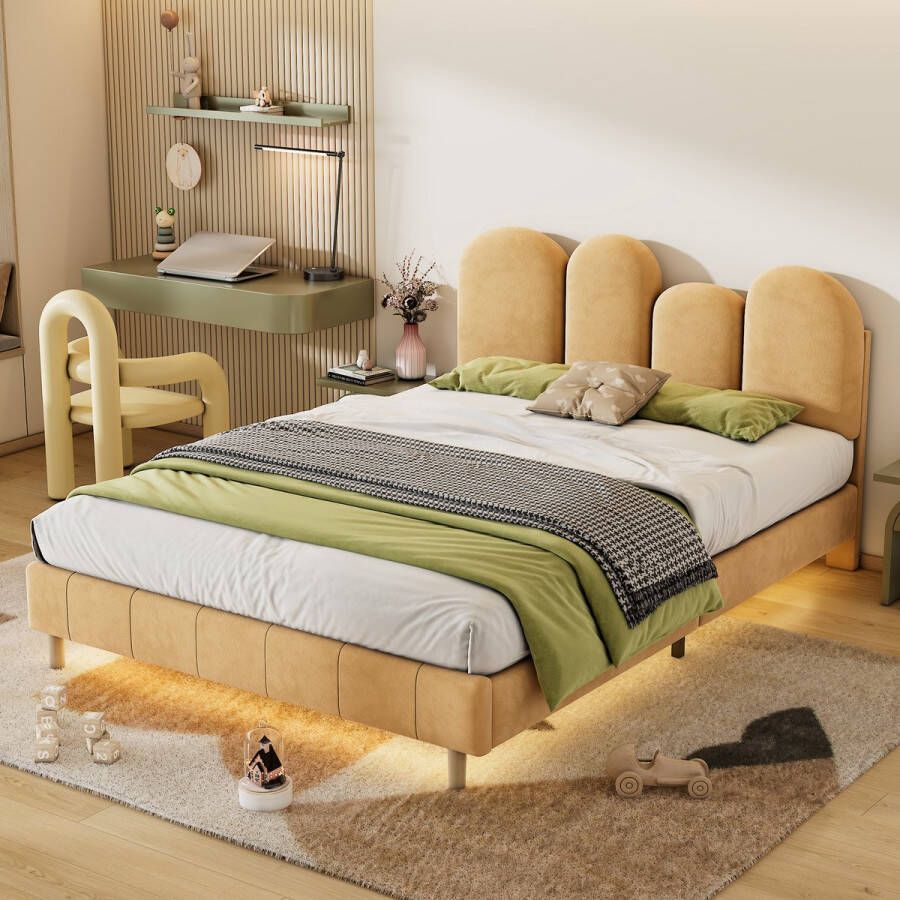 YJZQ Gestoffeerd bed met duimvormig hoofdbord kinderbed jeugdbed met onderbed LED-lichtstrip tweepersoonsbed met houten latten fluweel- kaki 140x200cm