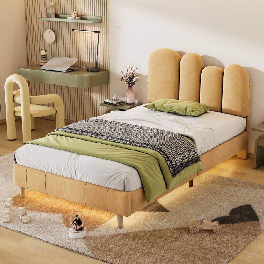 YJZQ Gestoffeerd bed met duimvormig hoofdeinde kinderbed jeugdbed met onderbed LED lichtstrip Eenpersoonsbed met houten latten fluweel kaki 90x200cm