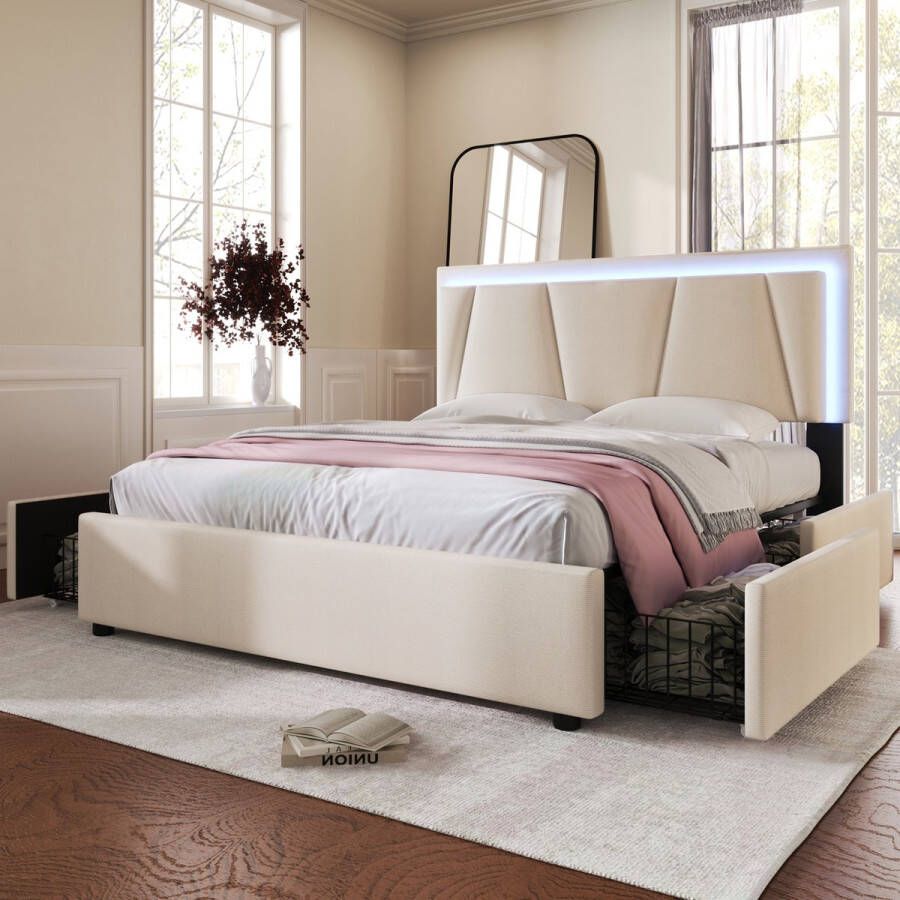 YJZQ Gestoffeerd bed met LED verlichting en 4 lades in hoogte verstelbaar hoofdeinde tweepersoonsbed 160x200cm met opbergruimte houten lattenbodem beige (zonder matras)