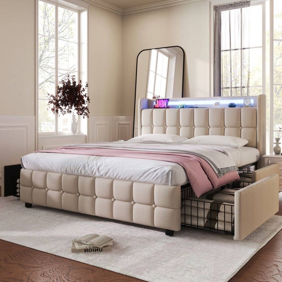 YJZQ Gestoffeerd bed met USB oplaadfunctie hoofdeinde -180x200cm Tweepersoonsbed met LED verlichting en 4 laden opbergruimte -houten lattenbodem beige (zonder matras)