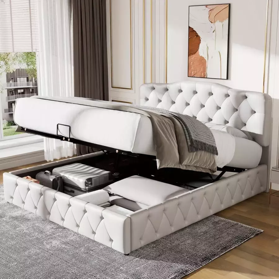 YJZQ Gestoffeerd bed Tweepersoonsbed-Hydraulisch functioneel bed-Hoofdbord in hoogte verstelbaar-Lychee patroon Synthetisch lederen bed met opbergruimte-Wit 140 x 200cm