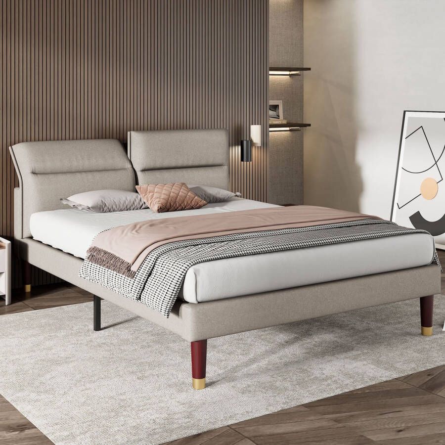 YJZQ Gestoffeerd bed tweepersoonsbed met verstelbaar hoofdeinde houten lattenbodem 160x200cm linnen-beige grijs