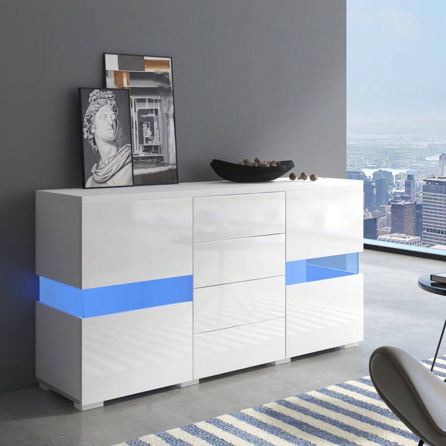 YJZQ Hoogglans wit dressoir opbergkast kast met 16 kleuren LED-verlichting voor eetkamer woonkamer