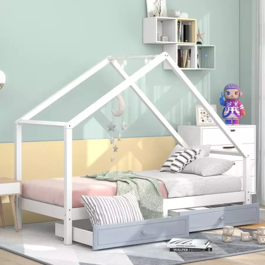 YJZQ House Daybed met onderschuifbed 90x200cm-House Bed Twin Bed for Kids-kinderhuisbed gemaakt van grenenhout met 2 verwijderbare laden stabiel platformbed voor meisjes en jongens-wit