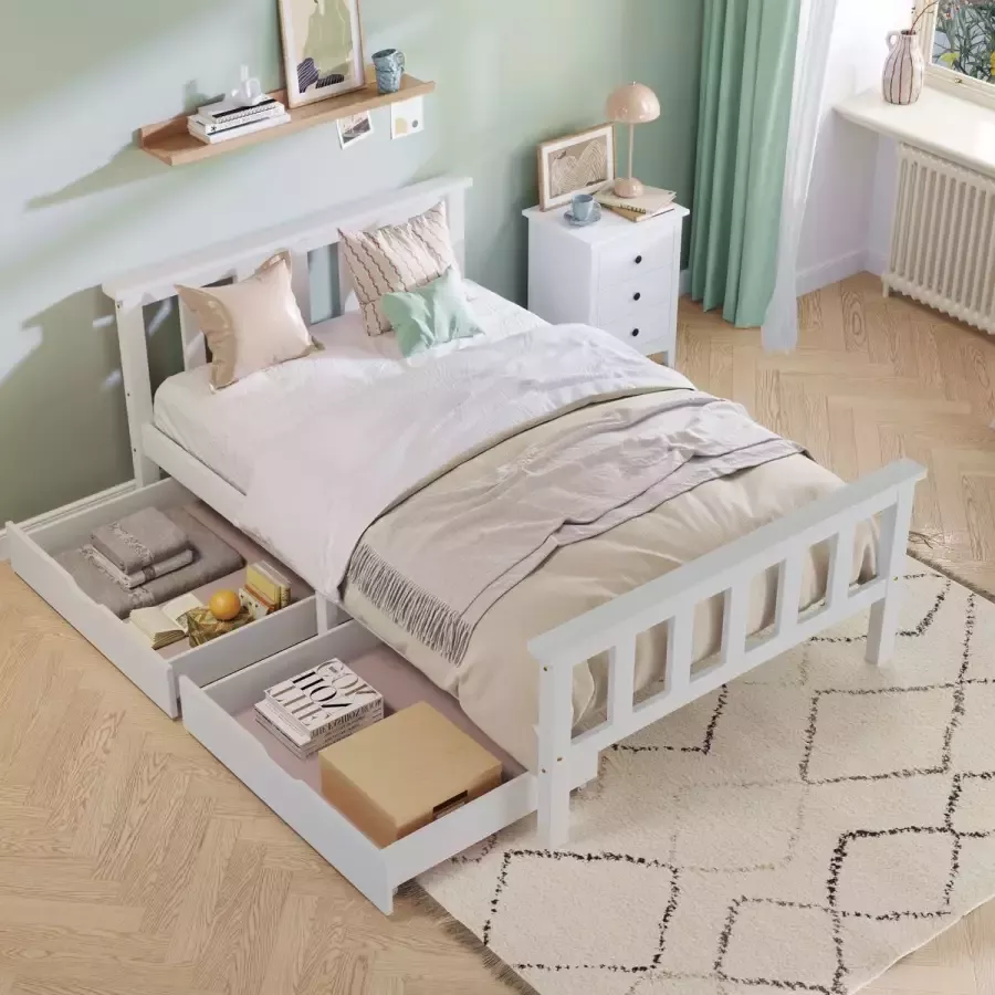 YJZQ Houten bed eenpersoonsbed met 2 laden 90 x 200 cm massief houten bed met latten- grenen bed voor volwassenen kinderen tieners- wit