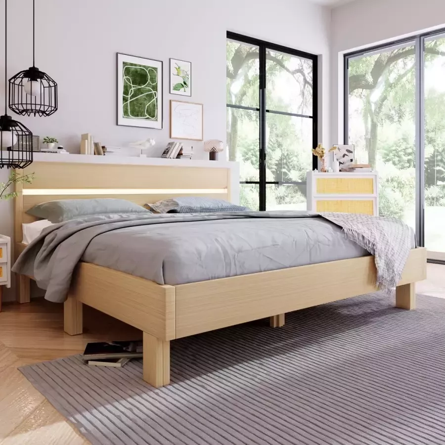 YJZQ Houten bed LED opbergbed tweepersoonsbed met hoofdbord uit bedframe met lattenbodem- Natuurlijk hout 140 x 200 cm