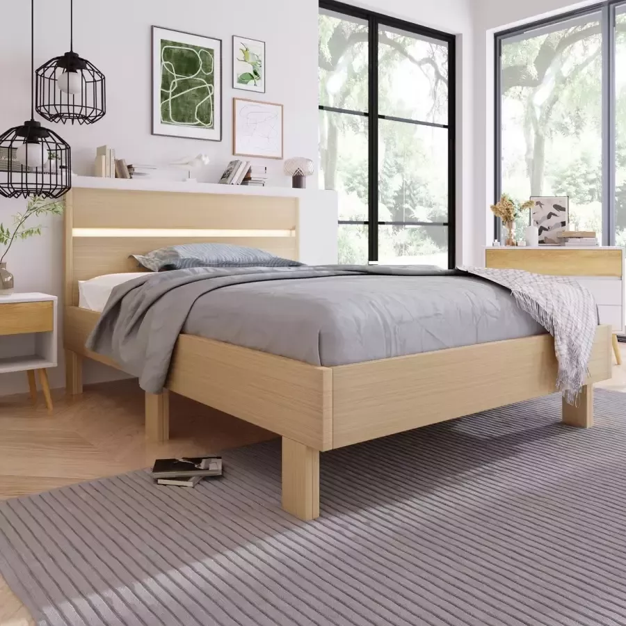 YJZQ Houten bed met LED-opslag -houten bed eenpersoonsbed met hoofdeinde bedframe met lattenbodem-90 x 200 cm