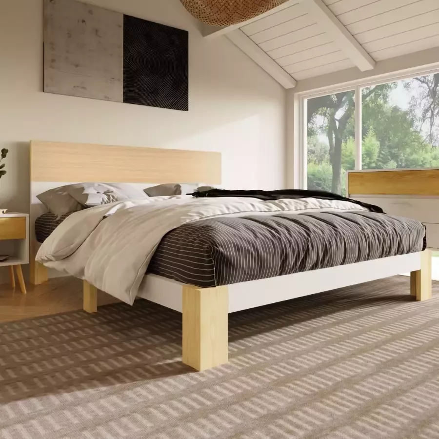 YJZQ Houten bed tweepersoonsbed met hoofdeinde -Natuurlijk houten bed met lattenbodem-140x200 cm -Natuurlijk&Wit Klassieke landelijke stijl