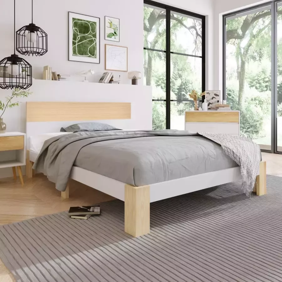 YJZQ Houten bed tweepersoonsbed met hoofdeinde -Natuurlijk houten bed met lattenbodem-90x200 cm -Natuurlijk&Wit Klassieke landelijke stijl