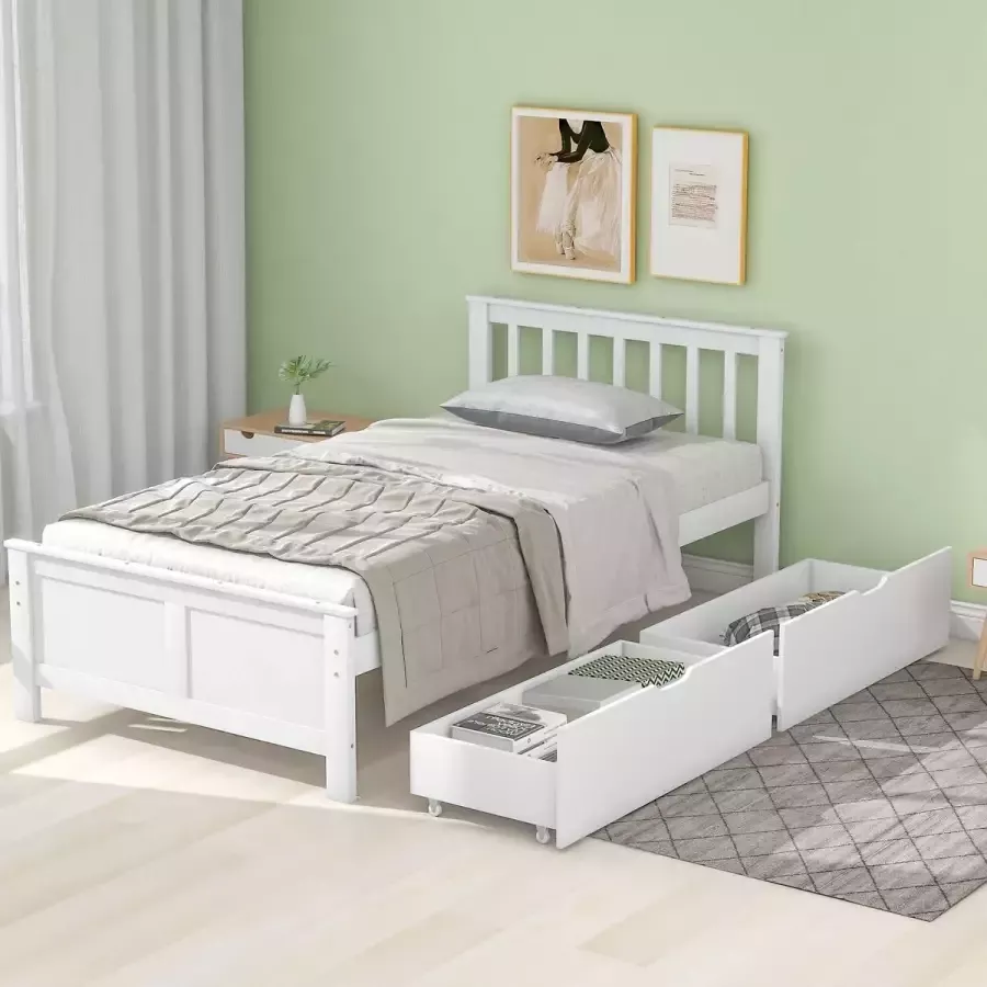 YJZQ Houten eenpersoonsbed- jeugdbed volwassenenbed met opbergladen onder het bed- frame van grenenhout-wit (90x200cm)