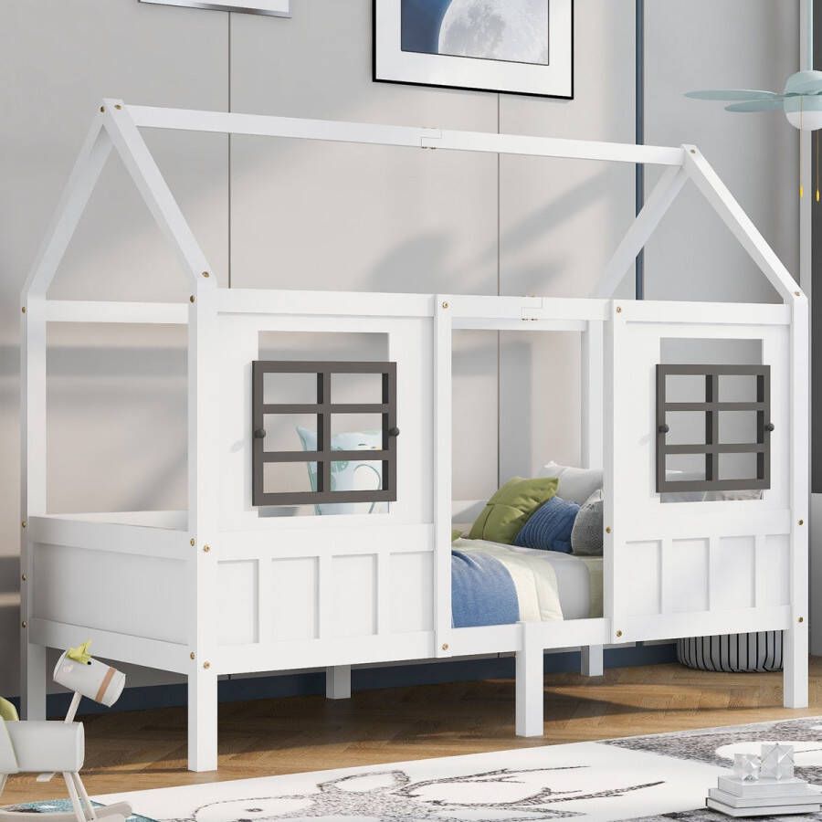 YJZQ Huisbed kids twin size daybed met onderschuifbed-Volledige bescherming kinderbed met 2 ramen- frame gemaakt van grenen-MDF wit 200x90cm