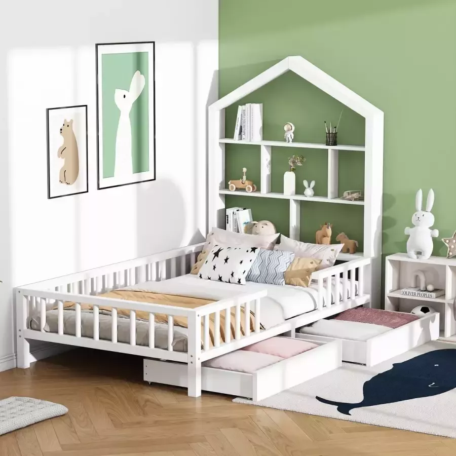 YJZQ Huisbed kinderbed 200x90 cm multifunctioneel bed met boekenplank met valbeveiliging massief houten kinderbed witte lades met lattenbodem voor jongens en meisjes