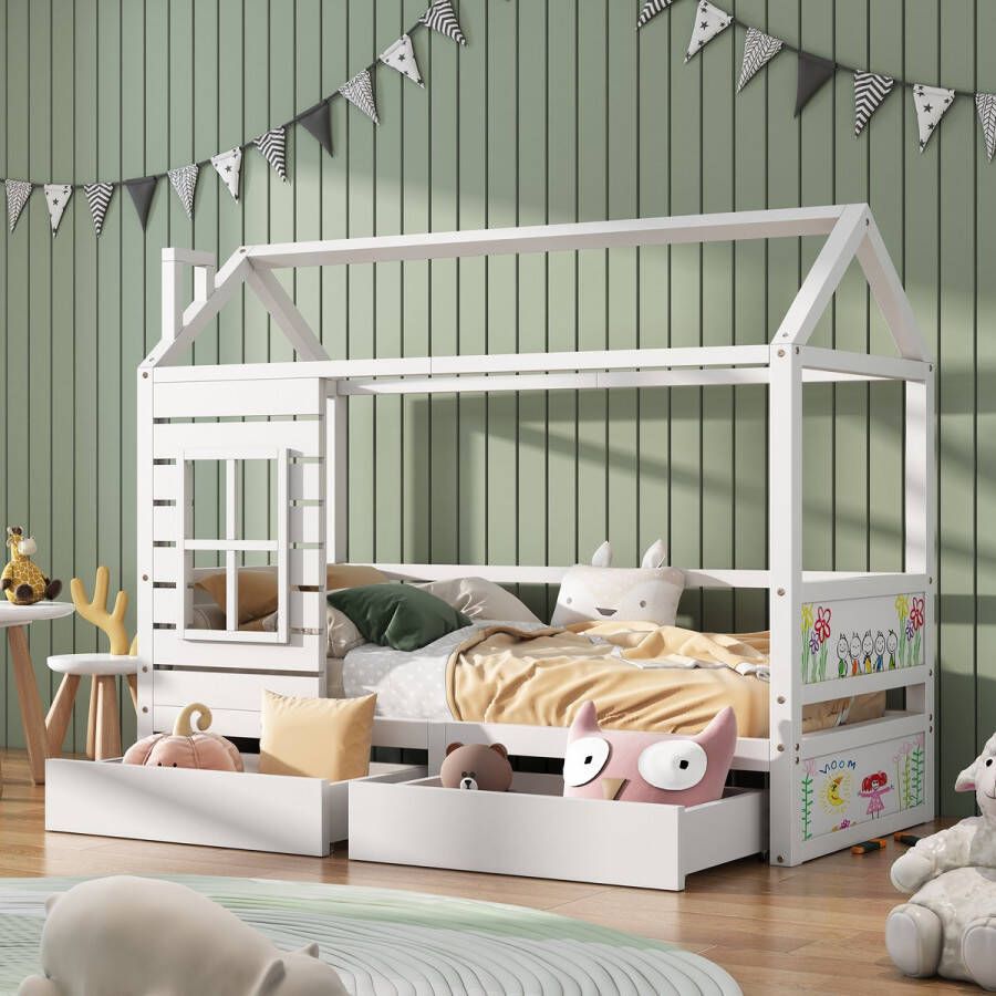 YJZQ Huisbed kinderbed 200x90 met uitvalbeveiliging veelzijdig houten kinderbed voor jongens en meisjes massief houten kinderbed met raam en lattenbodem wit