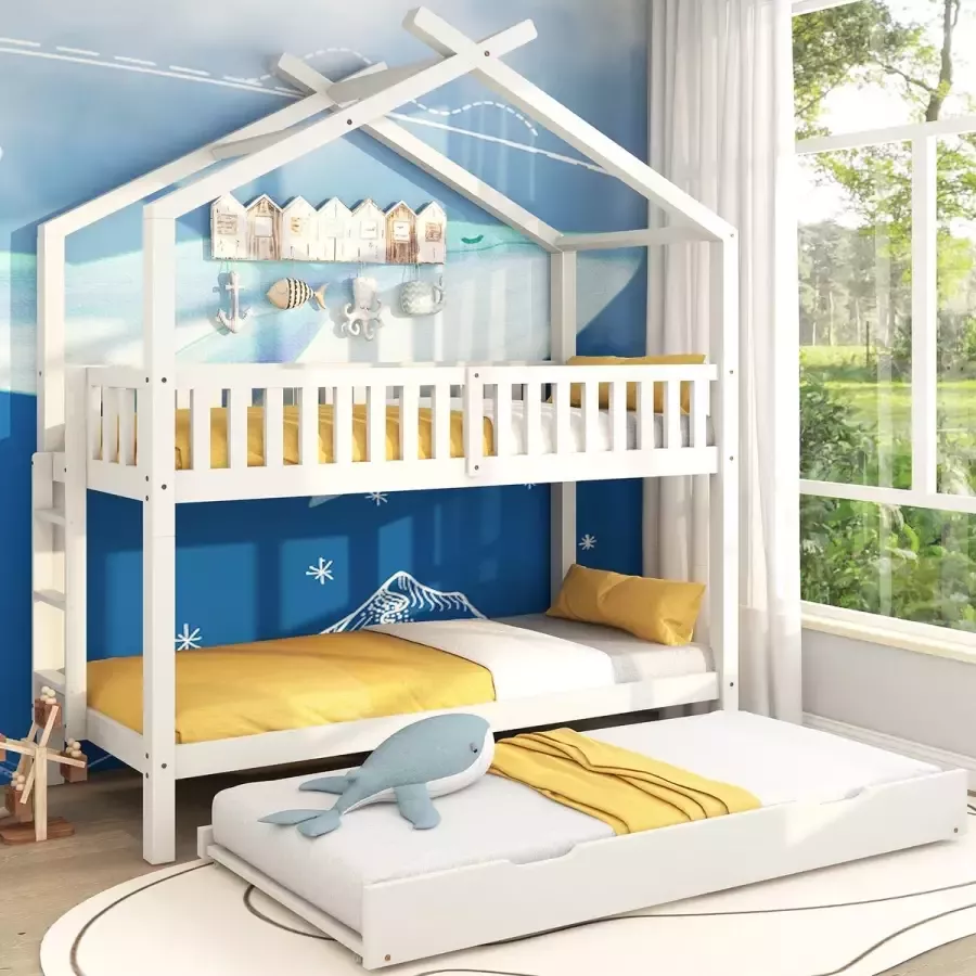 YJZQ Huisbed kinderbed jeugd 90x200cm-drie bedden uitschuifbaar bed-ruimtebesparend ontwerp hout loft bed-Wit