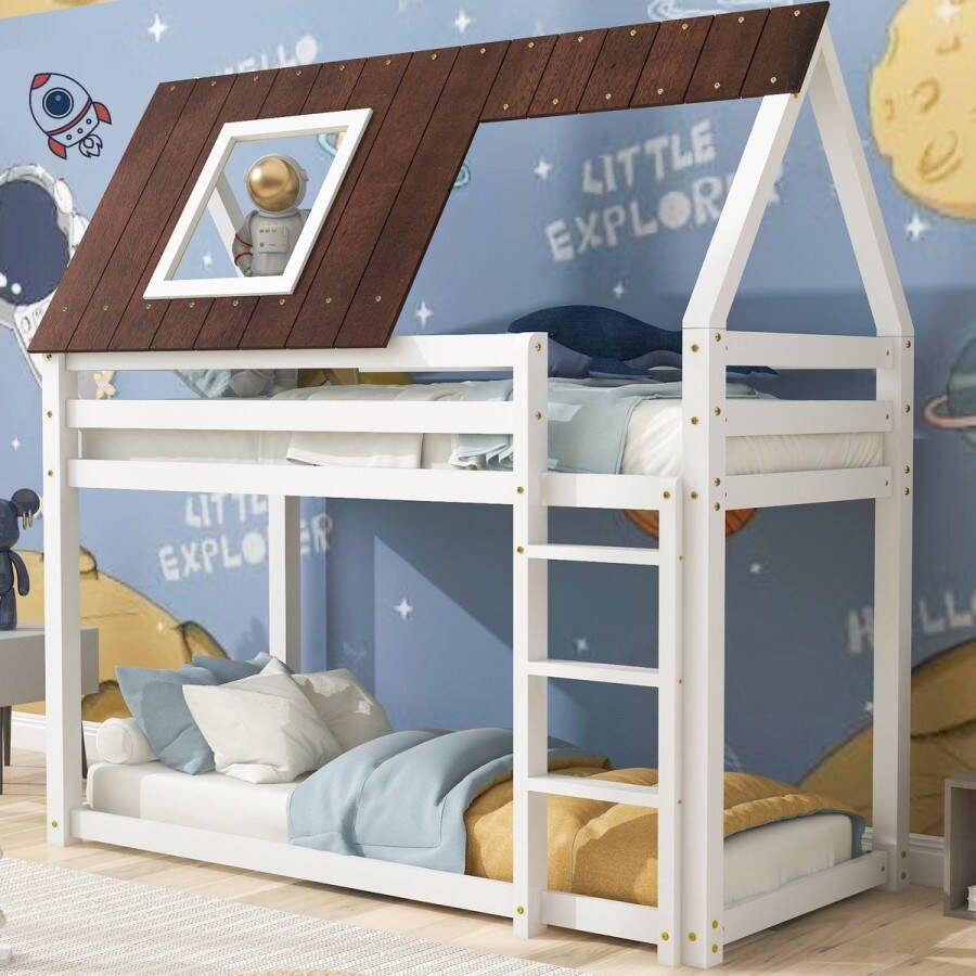 YJZQ Huisbed stapelbed met rechthoekige ladder- ledikant bed met bruin dak- valbeveiliging en hekken-pine houten frame- wit bed (200x90cm)