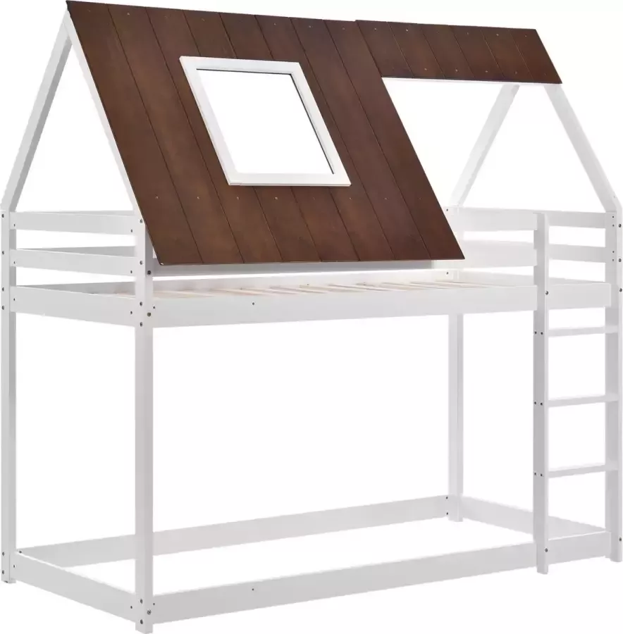 YJZQ Huisbed stapelbed met rechthoekige ladder- ledikant bed met bruin dak- valbeveiliging en hekken-pine houten frame- wit bed (200x90cm)