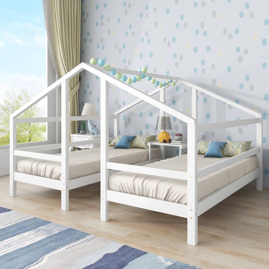 YJZQ Huisbed voor 2 kinderen twee eenpersoonsbedden onder één dak ontwerp huisbed met nachtkastje en lattenbodem met valbeveiliging jeugdbed 90 X 200 wit