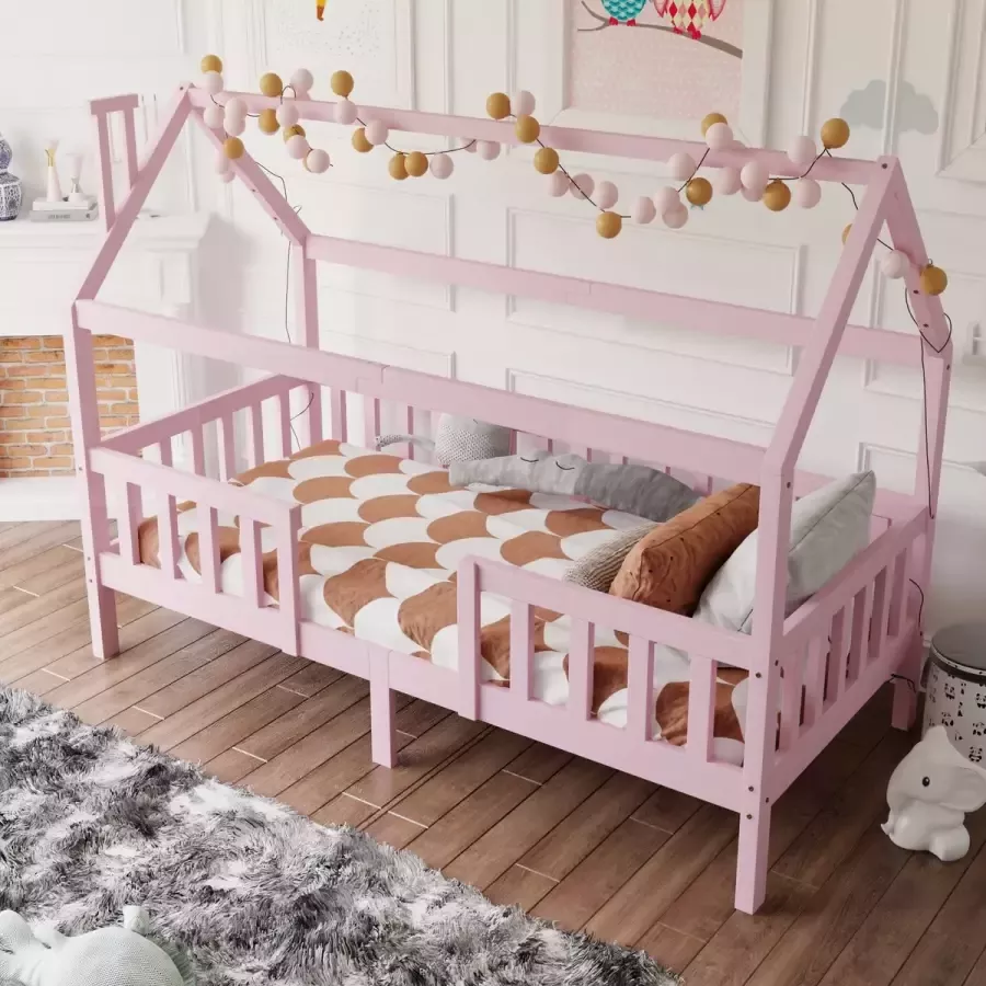 YJZQ Huisbedden met onderschuifbed voor kinderen -Huisbed met schoorsteen -Pine Wood Huisbed voor kinderen- 90 x 200 cm zonder matras- roze