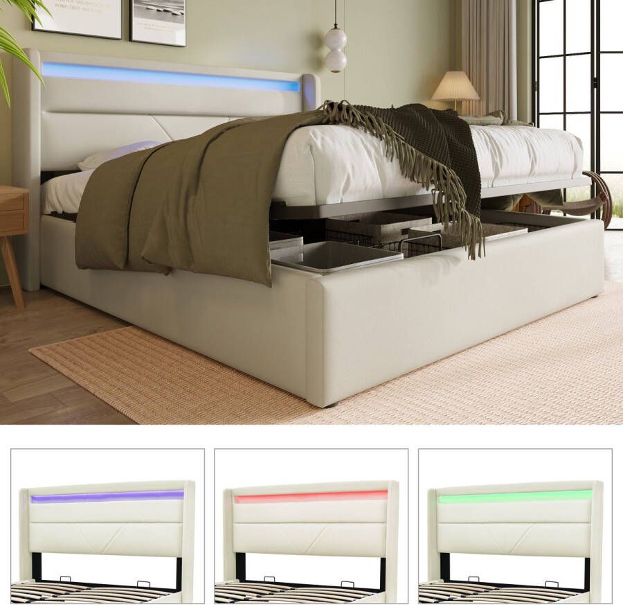 YJZQ Hydraulisch opbergbed met LED-verlichtingsstrip gestoffeerd bed 140x200cm tweepersoonsbedframe functioneel bed wit (met afstandsbediening)