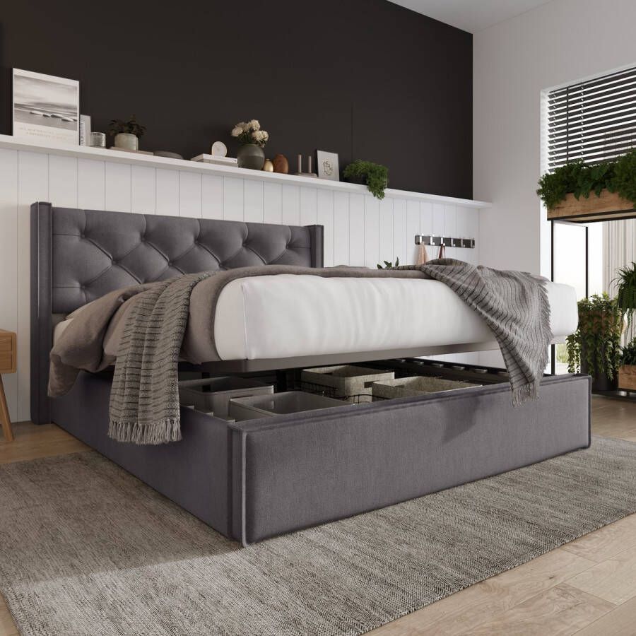 YJZQ Hydraulisch tweepersoons gestoffeerd bed 140x200cm-Bed met metalen lattenbodem-Modern bedframe met opbergruimte-Katoen-Grijs