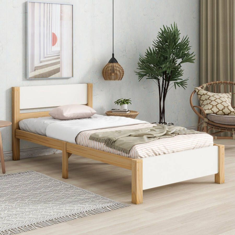 YJZQ Jeugdbed Eenpersoonsbed houten bed grenenhouten frame met middenvoet volwassenenbed met hoofd- en voeteinde van MDF wit + naturel 90x200 cm