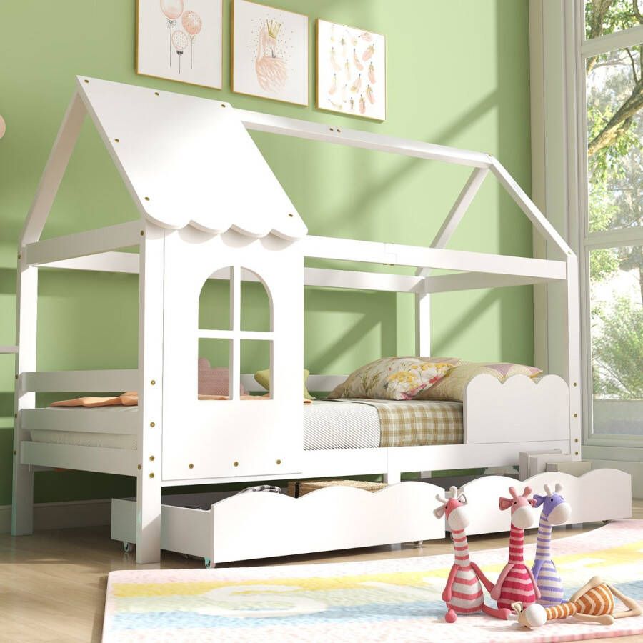 YJZQ Kid House bed 200x90cm met uitvalbeveiliging- massief houten kinderbed voor jongens & meisjes met raam en lattenbodem- wit bed met 2 lades en dakje