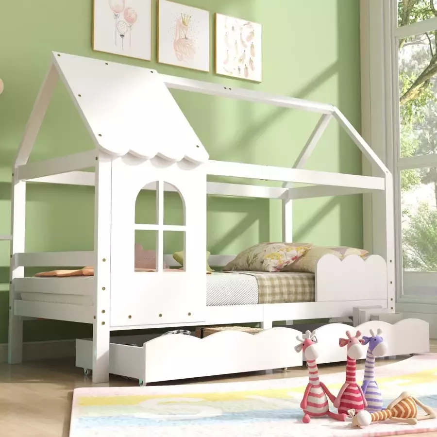 YJZQ Kid House bed 200x90cm met uitvalbeveiliging- massief houten kinderbed voor jongens & meisjes met raam en lattenbodem- wit bed met 2 lades en dakje
