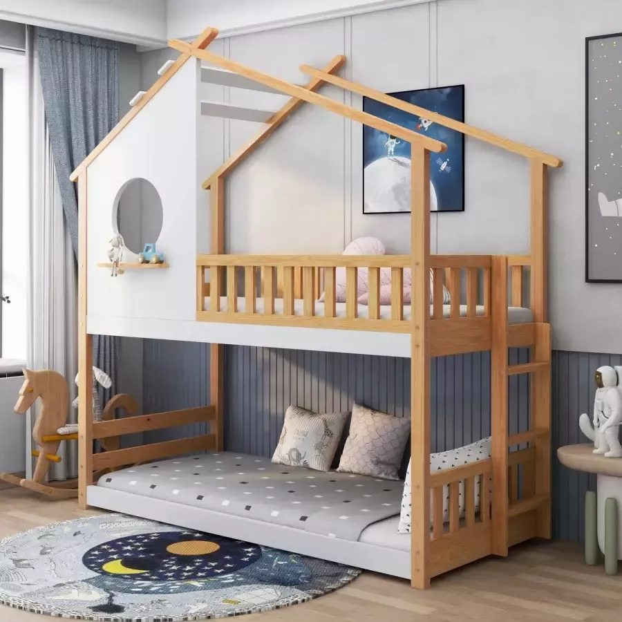 YJZQ Kid House bed stapelbed met rechthoekige ladder-kinderhoogslaper met valbeveiliging en barrière frame van grenenhout-natuurlijk wit (200x90cm)