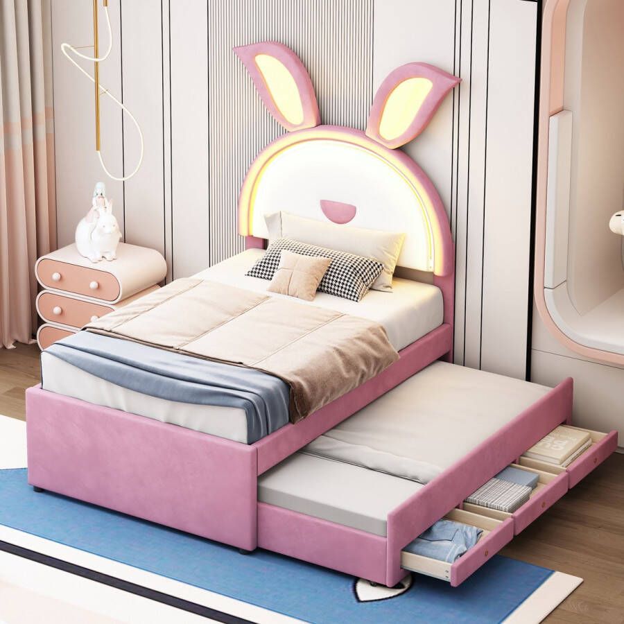 YJZQ Kinderbed Gestoffeerd bed 90 x 200 cm Hoofdeinde in konijnenvorm Met fluweel bekleed eenpersoonsbed Slaapbank met uitschuifbaar bed Opberglade en van kleur veranderende LED-lichtroze