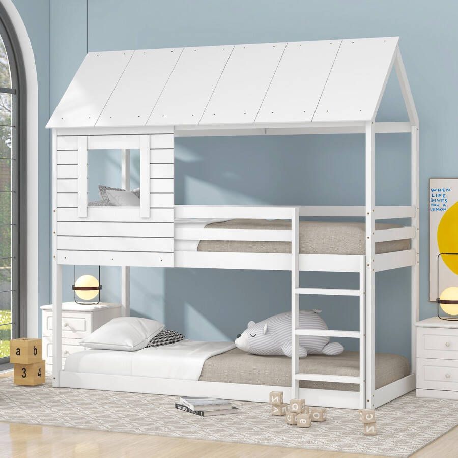 YJZQ Kinderbed houten stapelbed 90 X 200 cm- Kinderhuisbed met dak- Zolderbed met ladder en lattenbodem- wit