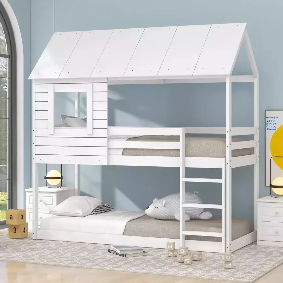 YJZQ Kinderbed houten stapelbed 90 X 200 cm- Kinderhuisbed met dak- Zolderbed met ladder en lattenbodem- wit