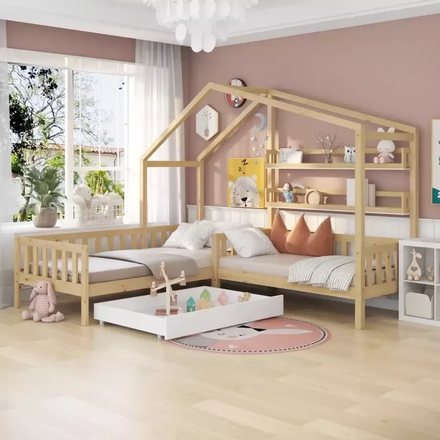 YJZQ Kinderbed huisbed met lades en planken-massief hout met hek en lattenbodem- L-structuur naturel (90x200 cm+140x70cm)