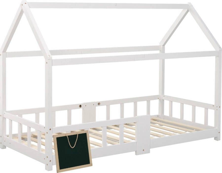 YJZQ Kinderbedhuis 90x200 cm- Huis Bedframes met grenenhouten dak en hek voor kinderen jongens meisjes- inclusief plank en lattenbodems- grijs (zonder matras)