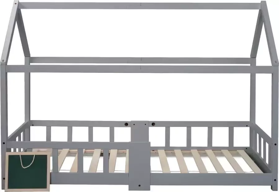 YJZQ Kinderbedhuis 90x200 cm- Huis Bedframes met grenenhouten dak en hek voor kinderen jongens meisjes- inclusief plank en lattenbodems- wit (zonder matras)