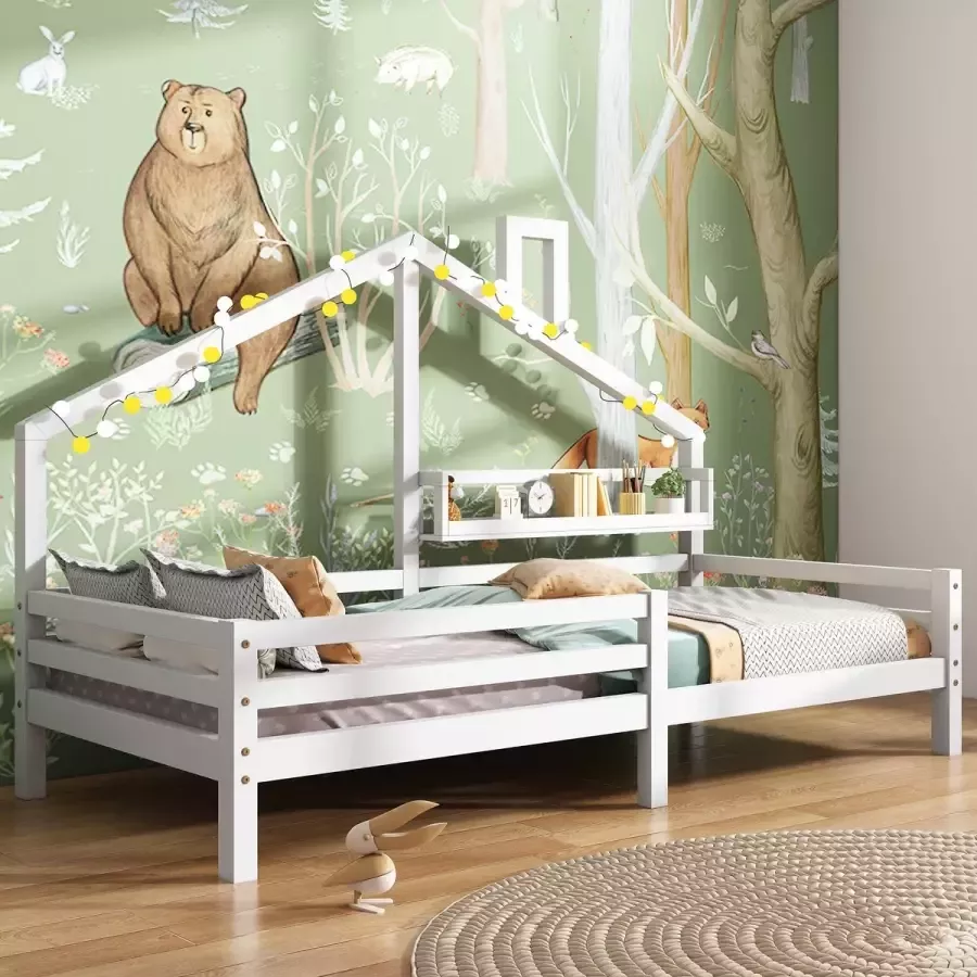 YJZQ Kinderhuis Bedframe 90x200-Halfgesloten bedframe met valbeveiliging en lattenbodem -Houten kinderbed met opbergplank haardvorm- wit