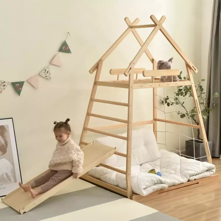 YJZQ Kinderhuisbed houten bed- vrijetijds torenbed met schommel trekring klimladder en klimnet- met uitschuifbaar grenenhouten lattenbodem -natuurlijke kleur(120x200cm)